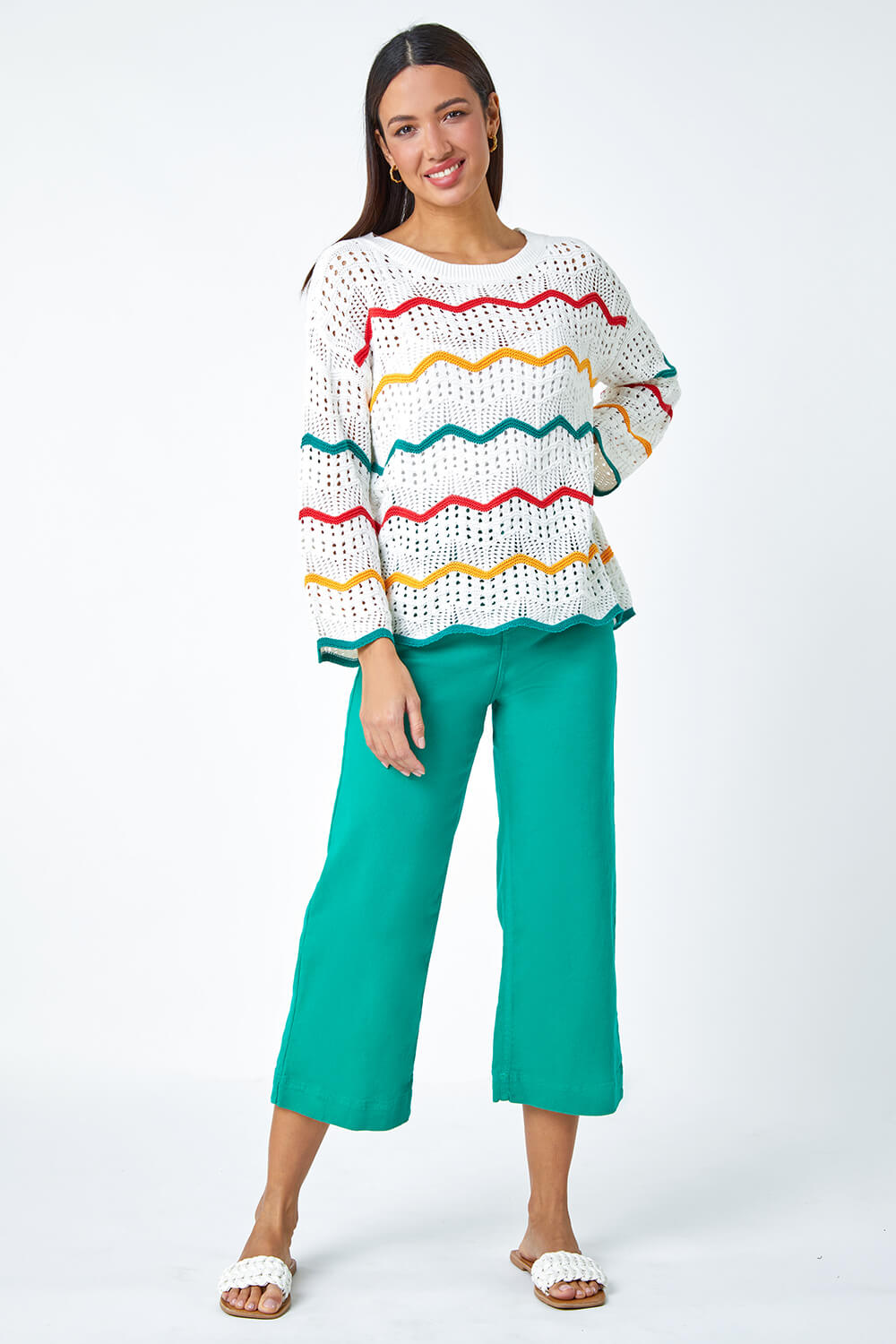 Multi  Cotton Blend Stripe Print Crochet Jumper, Image 2 of 5