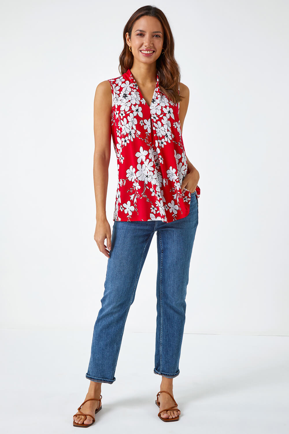 Red Textured Floral Print Sleeveless Top, Image 2 of 5