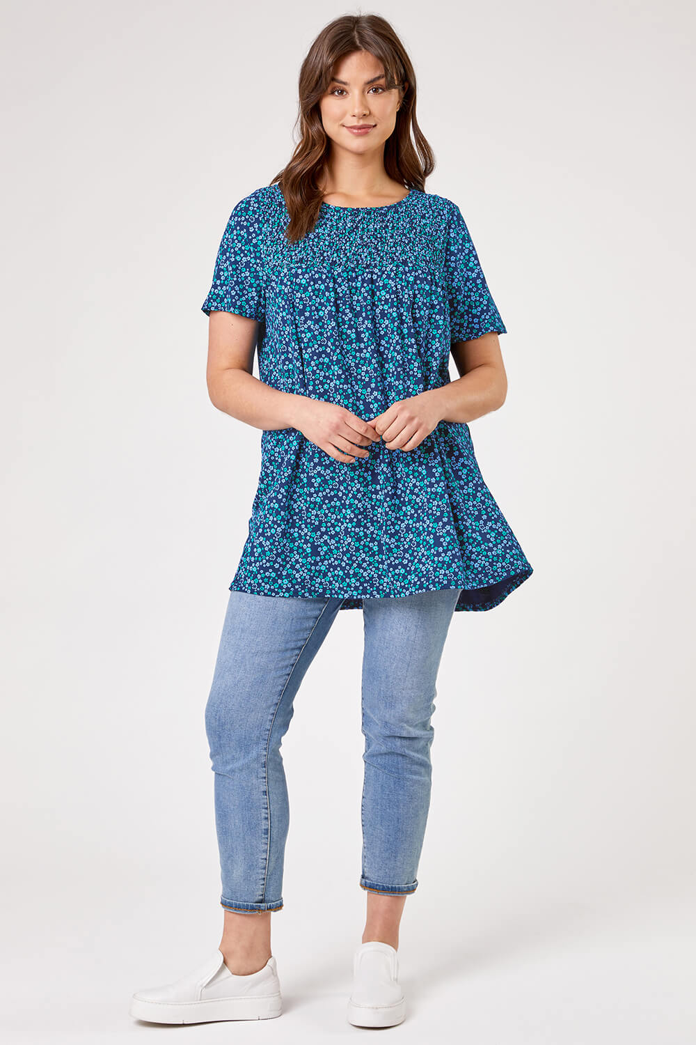 Blue Curve Ditsy Floral Shirred Top, Image 3 of 4