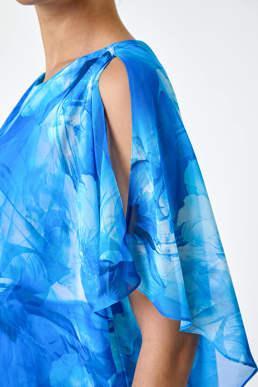 Blue Floral Chiffon Asymmetric Overlay  Dress, Image 5 of 5