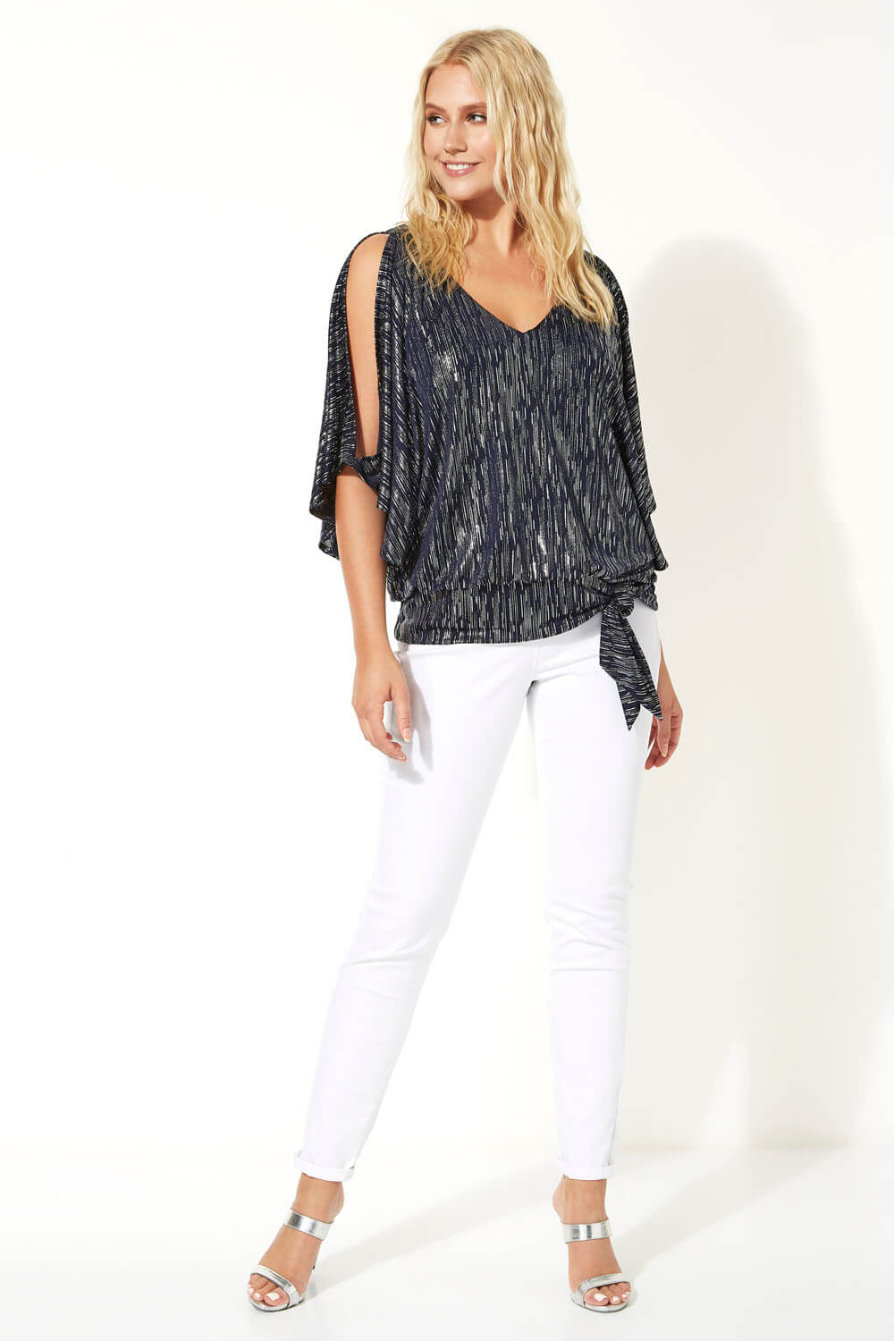 Navy  Shimmer Blouson Tie Top, Image 2 of 5