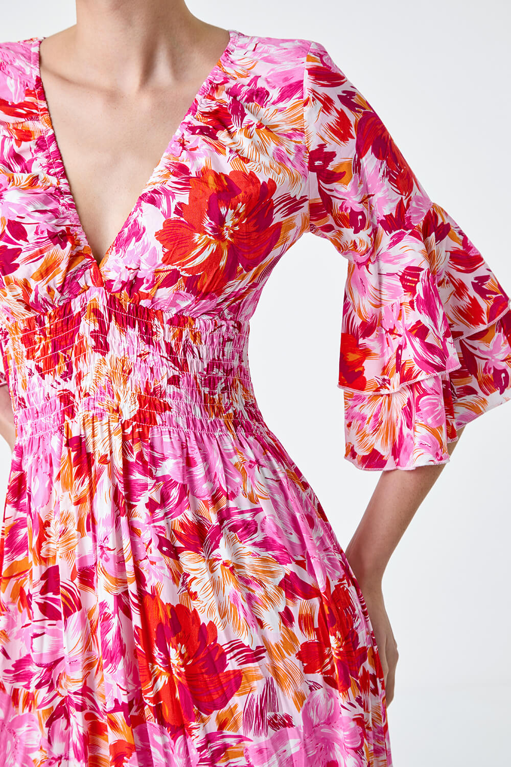 PINK Floral Ruffle Detail Shirred Maxi Dress, Image 5 of 5