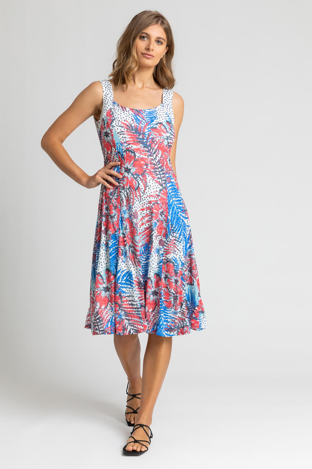 Red Tropical Print Fit and Flare Dress, Image 3 of 4