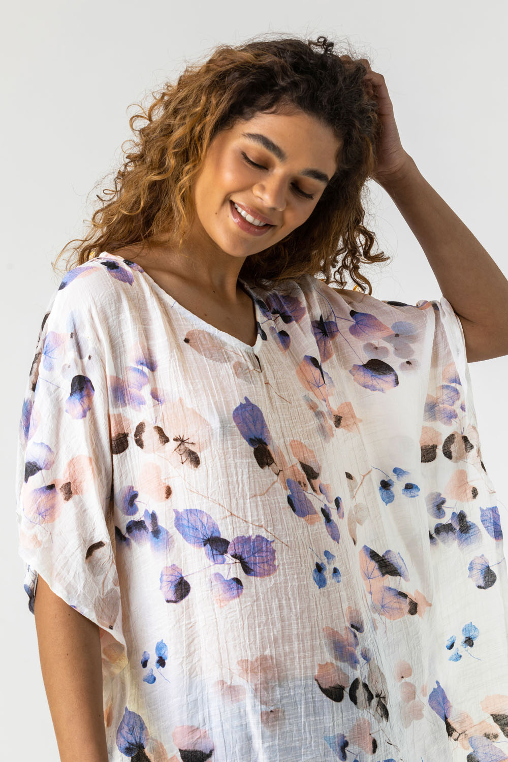 Blue Abstract Floral Print Tunic Top, Image 4 of 5