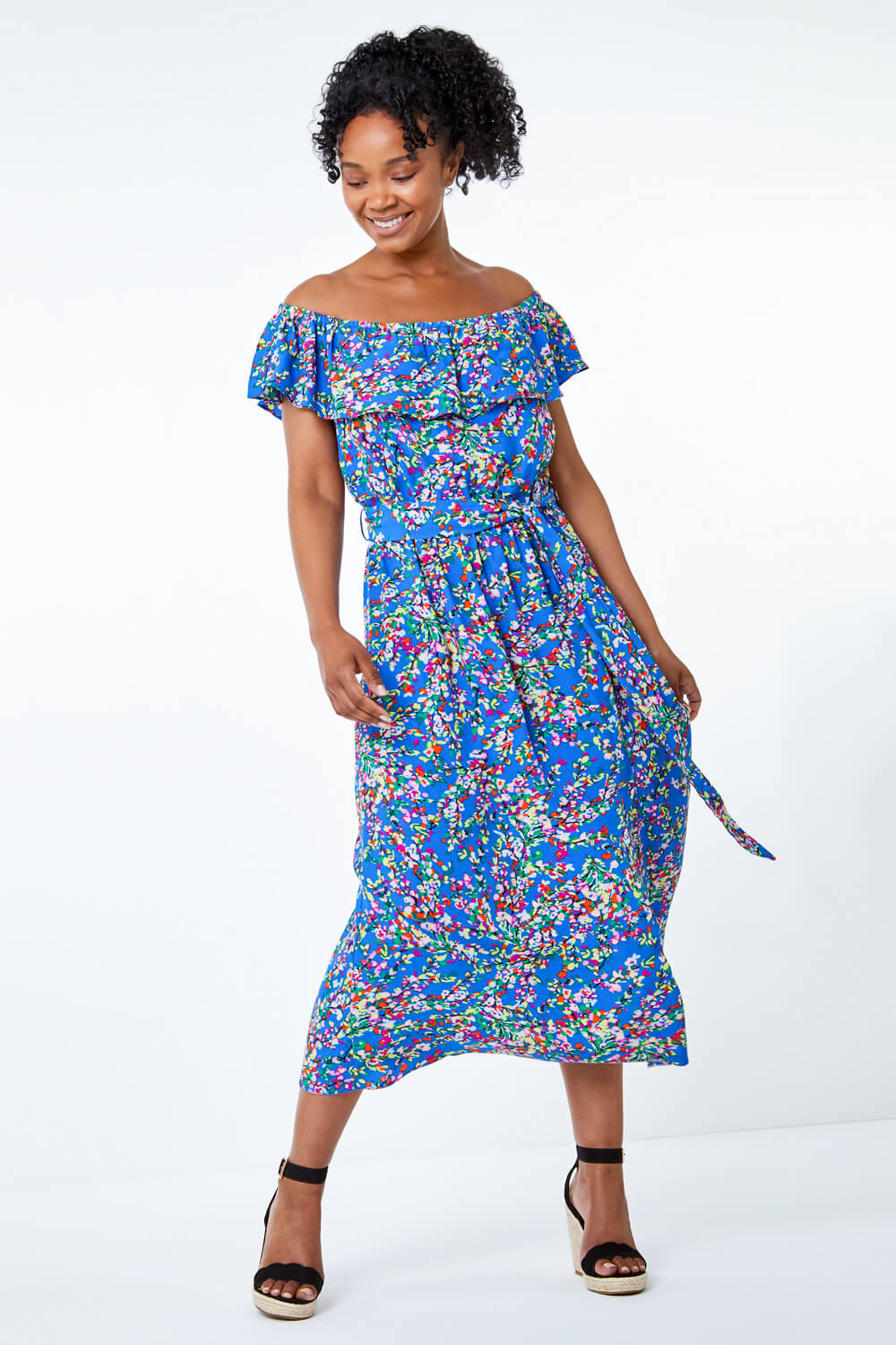 Blue  Petite Ditsy Floral Print Bardot Dress, Image 4 of 5