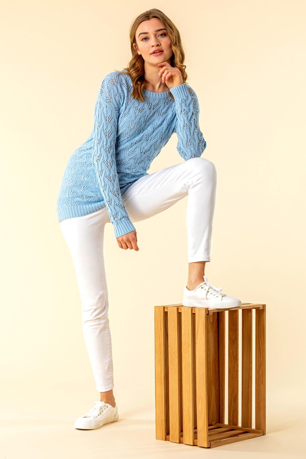 Light Blue  Cotton Cable Knit Jumper, Image 3 of 4