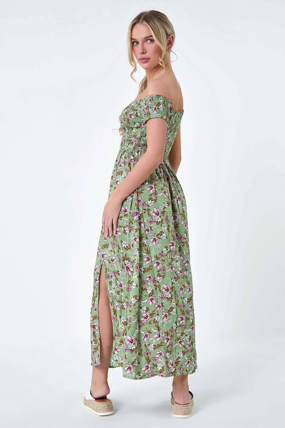 KHAKI Petite Floral Shirred Bardot Midi Dress, Image 3 of 5