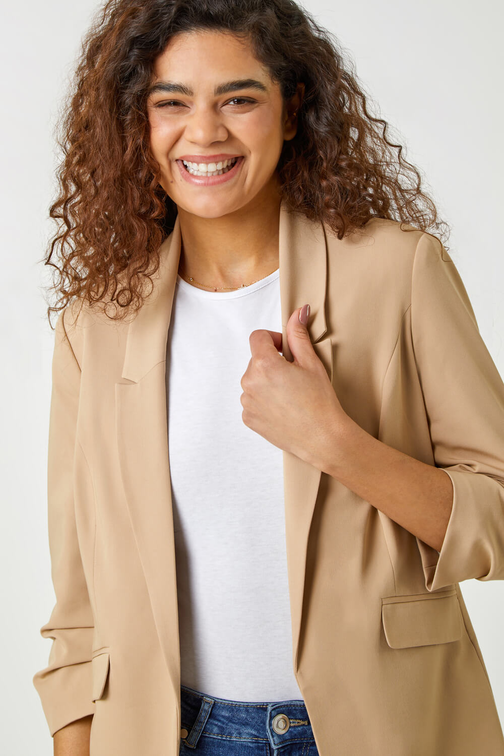 Natural  Ruched Sleeve Stretch Blazer , Image 4 of 5