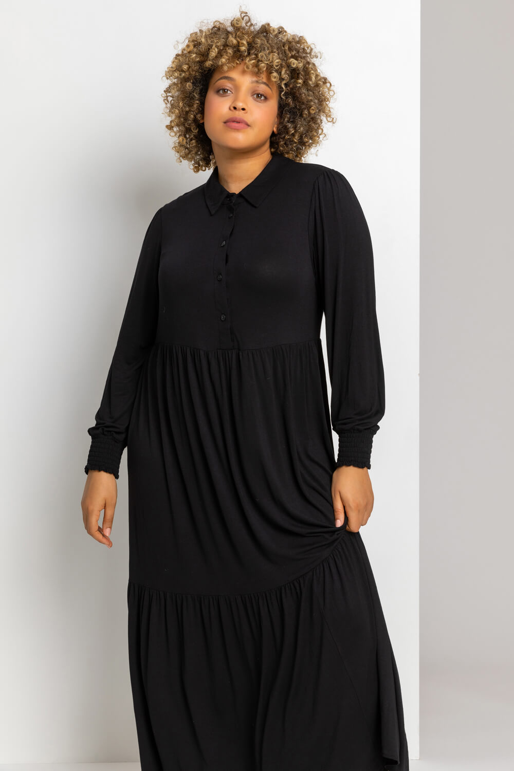 Black Curve Plain Maxi Shirt Dress, Image 2 of 4