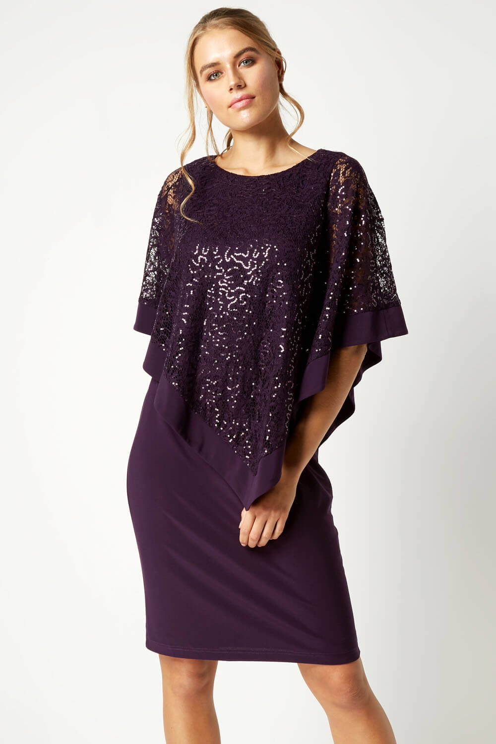 purple dress with black lace overlay