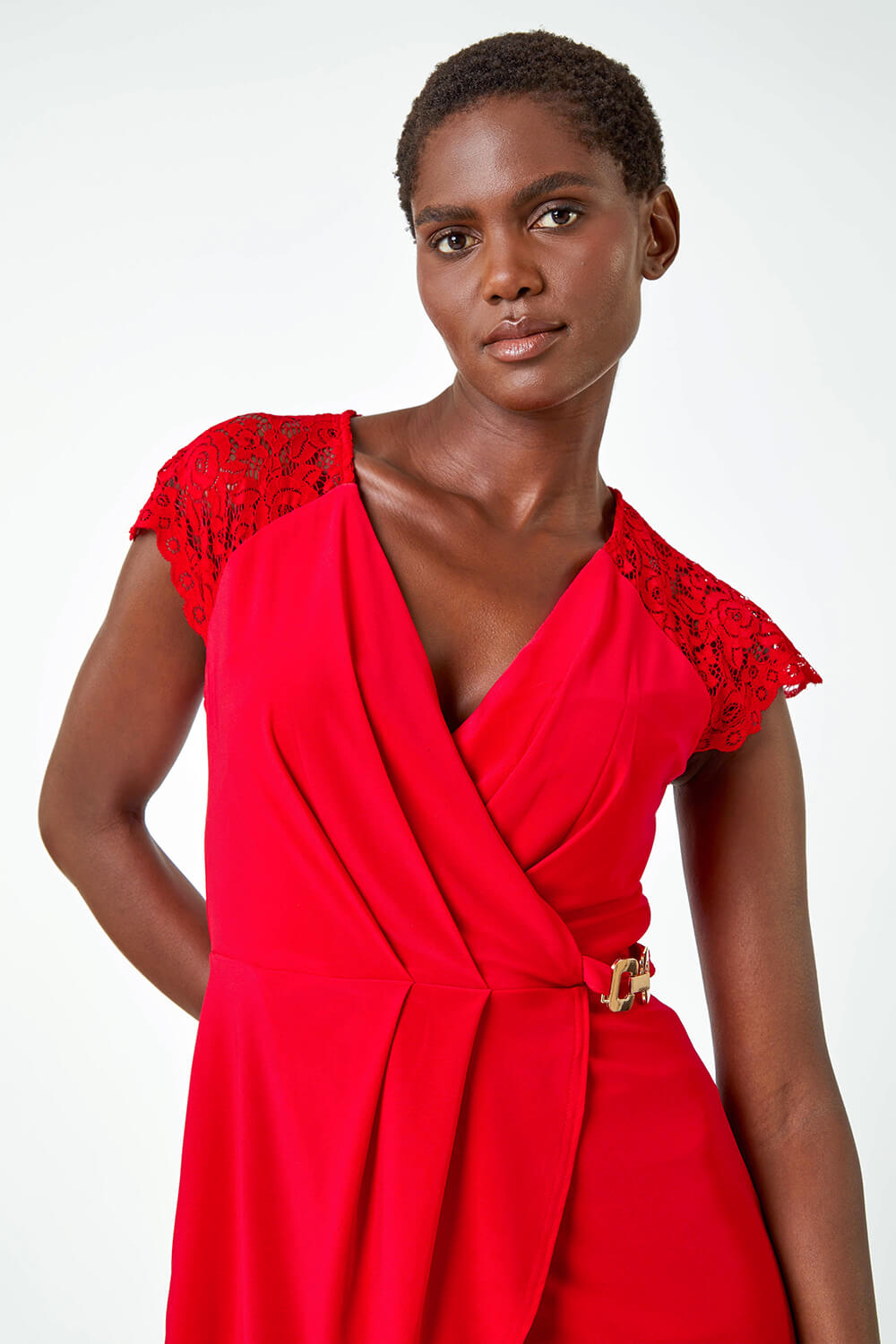 Red Lace Trim Stretch Wrap Top, Image 4 of 5
