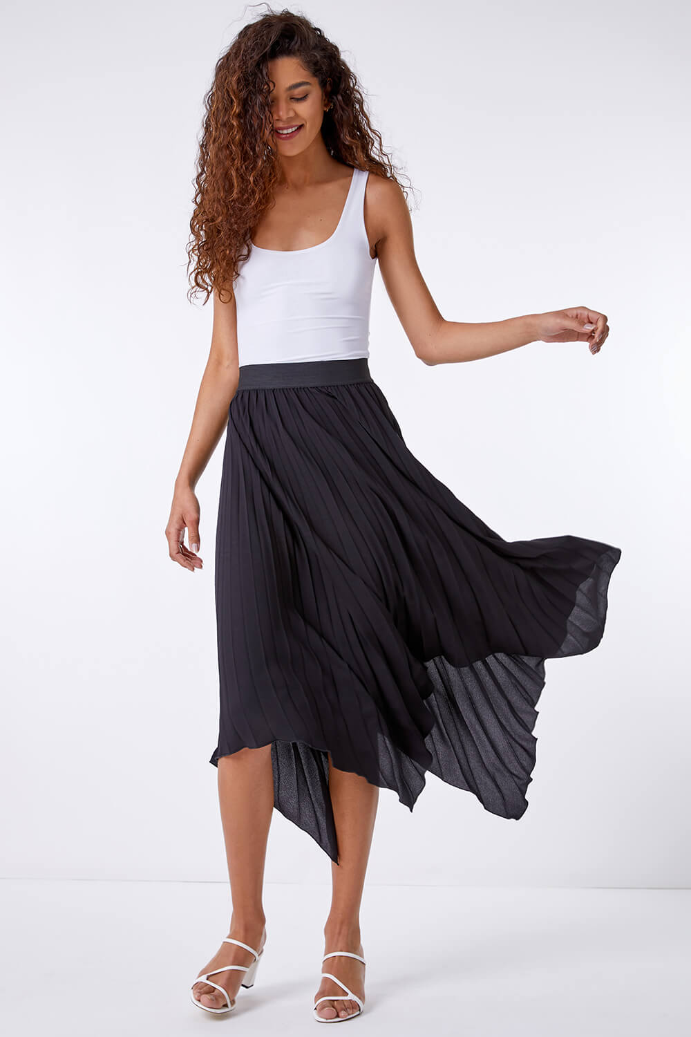 Black Pleated Hanky Hem Midi Skirt, Image 4 of 4