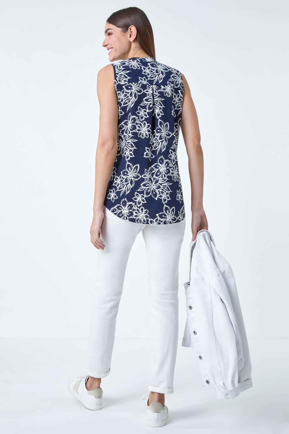 Navy  Sleeveless Floral Print Stretch Top, Image 3 of 5