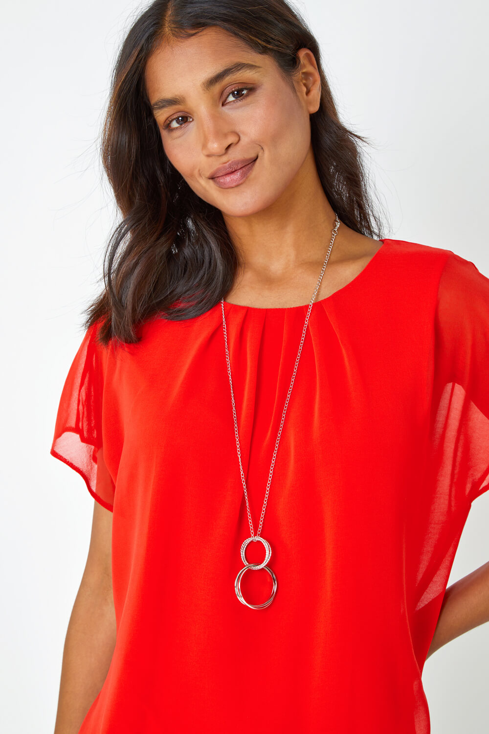 ORANGE Chiffon Jersey Blouson Top with Necklace, Image 4 of 5