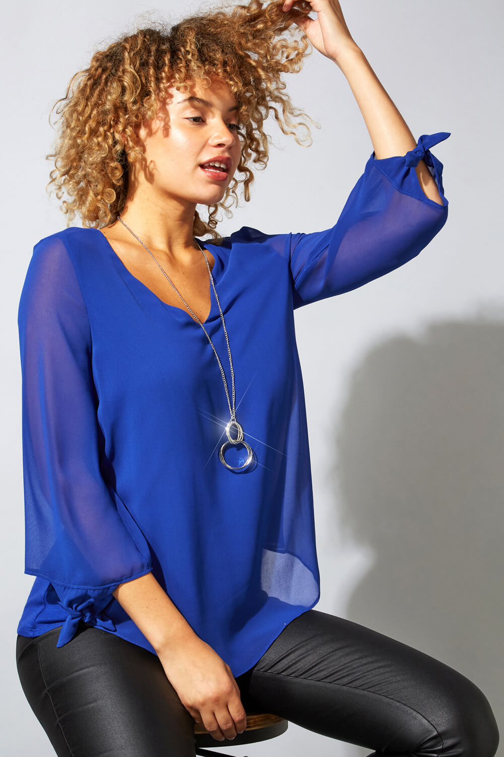 Royal Blue Necklace Trim Jersey 3/4 Sleeve Chiffon Top, Image 4 of 5