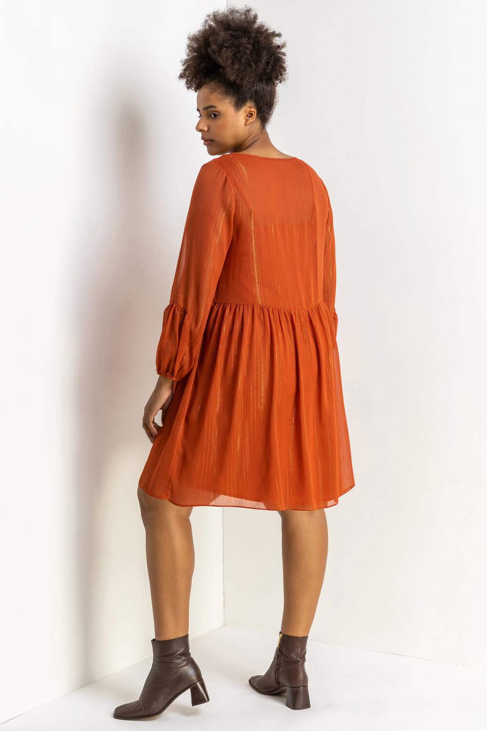 Rust Curve Chiffon Shimmer Stripe Smock Dress, Image 2 of 4