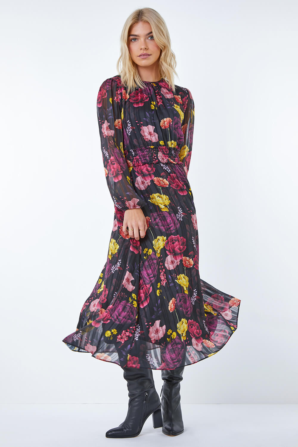 Black Floral Print Shirred Midi Dress, Image 3 of 5