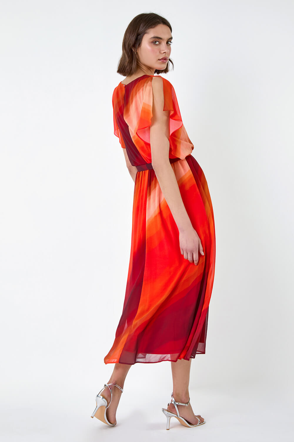 ORANGE Ombre Cape Sleeve Midi Dress, Image 3 of 5