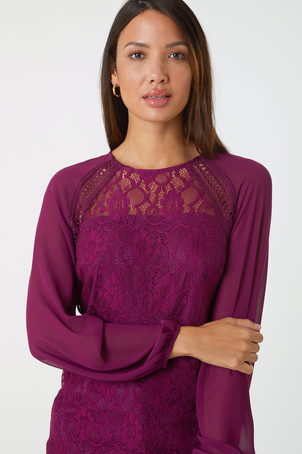 Purple Lace Detail Chiffon Sleeve Stretch Top, Image 4 of 5