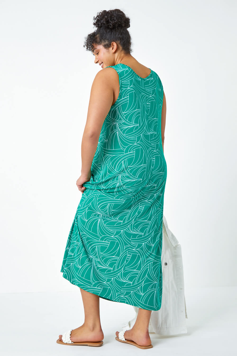 Green Curve Swirl Print Swing Maxi Stretch Dress, Image 3 of 5