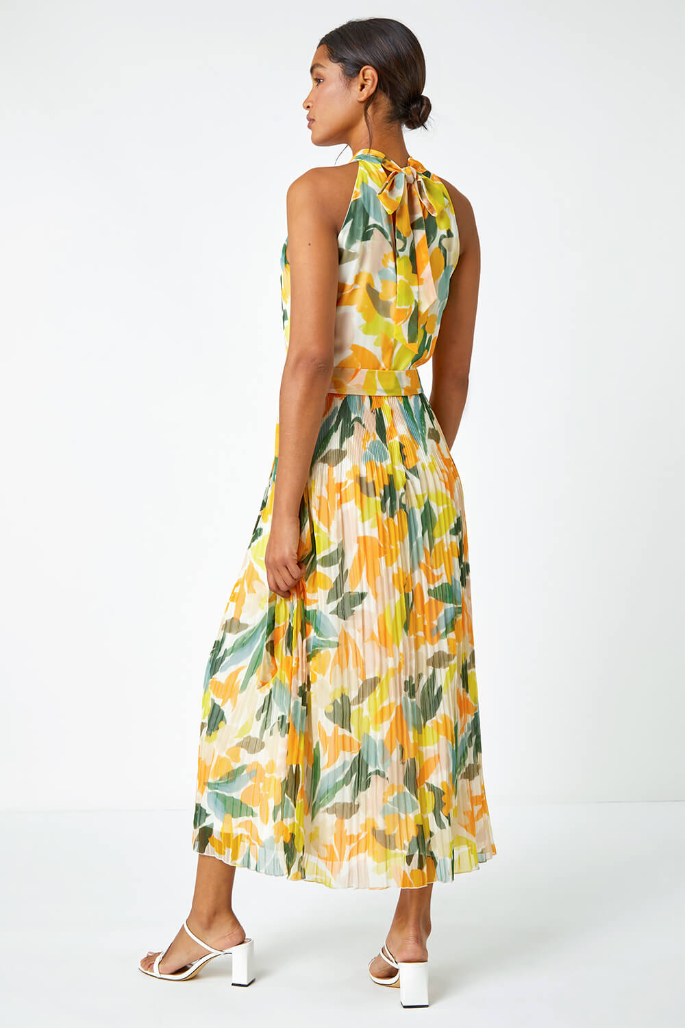 Yellow Floral Halterneck Pleated Maxi Dress, Image 3 of 6
