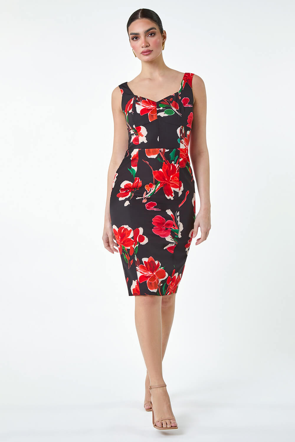 Red Floral Corset Detail Stretch Dress, Image 2 of 5