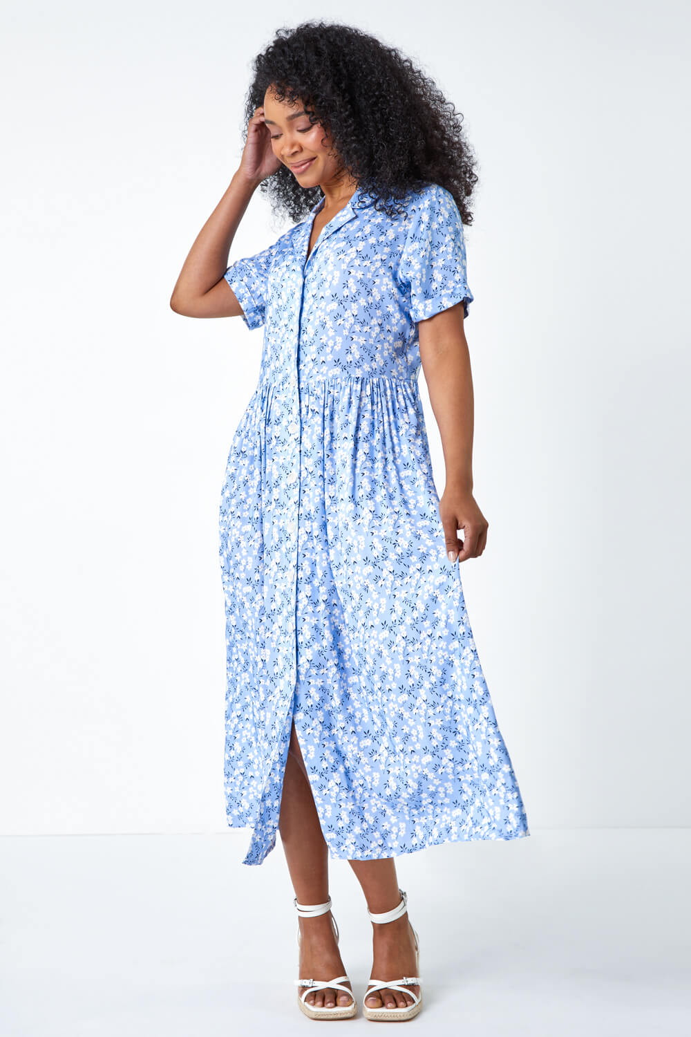 Blue Petite Spot Print Midi Tea Dress, Image 2 of 5