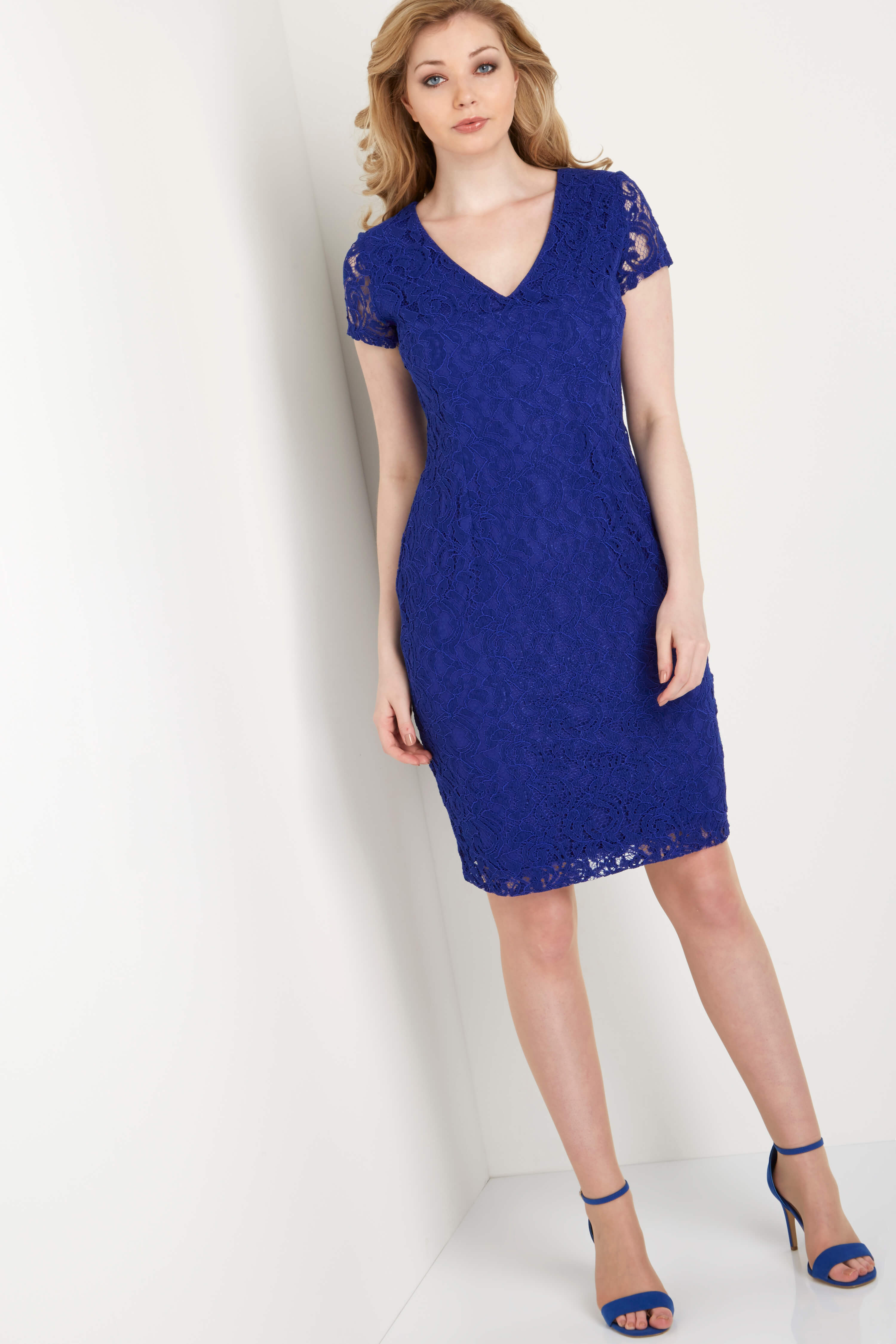 Royal Blue V-Neck Lace Dress, Image 3 of 4