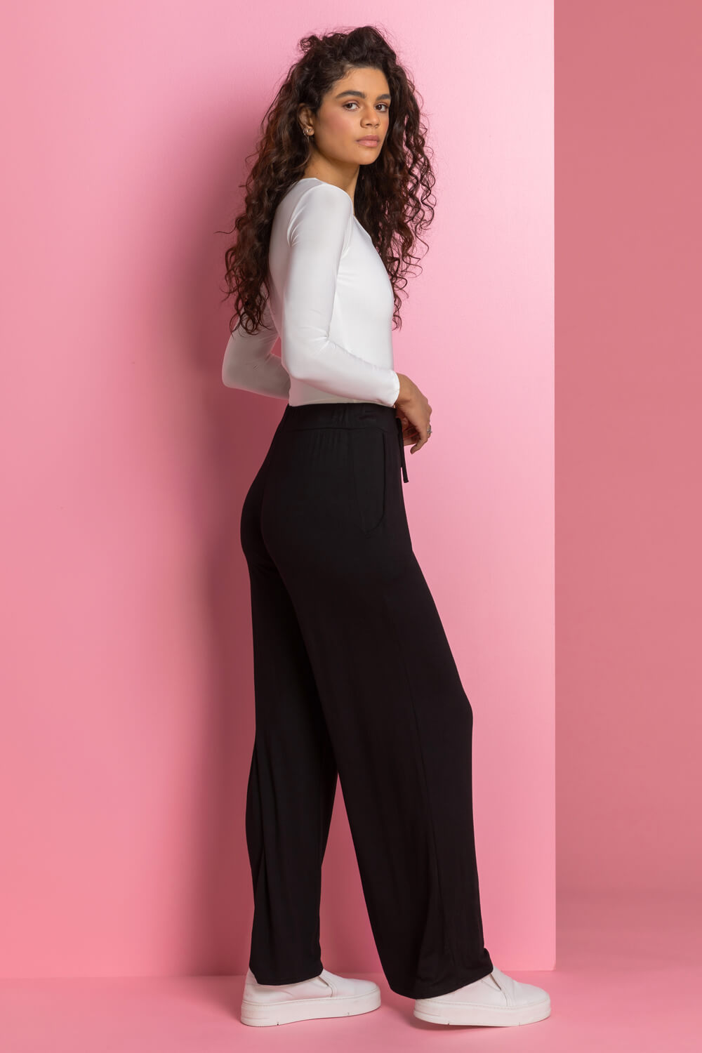 Black Stretch Wide Leg Jersey Trousers, Image 4 of 5