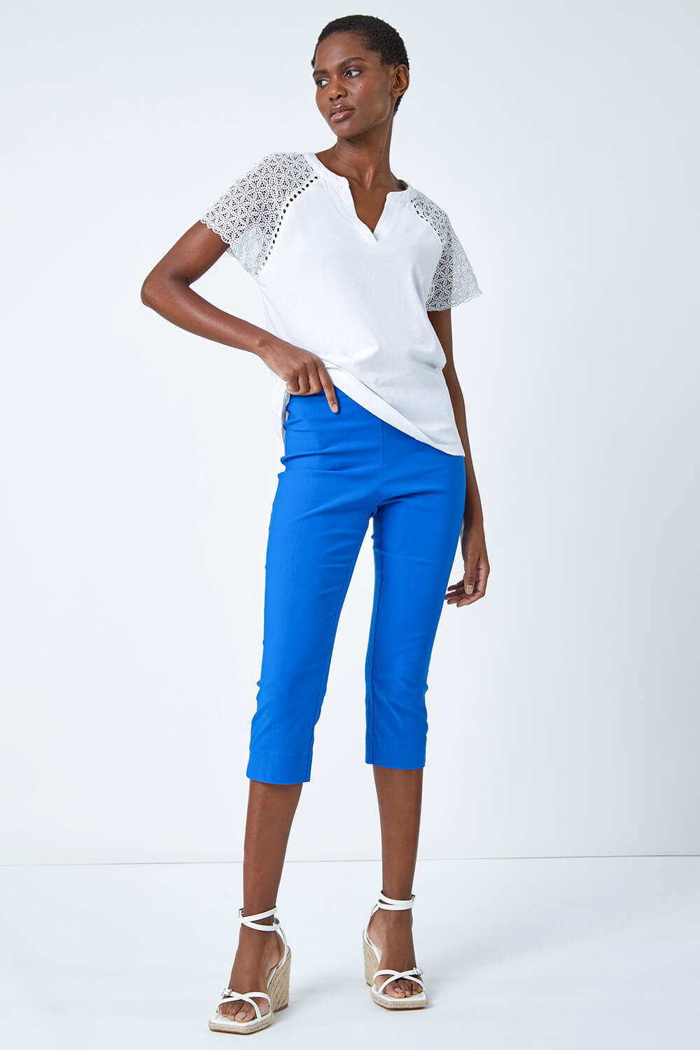 Blue Cropped Stretch Trousers, Image 2 of 5