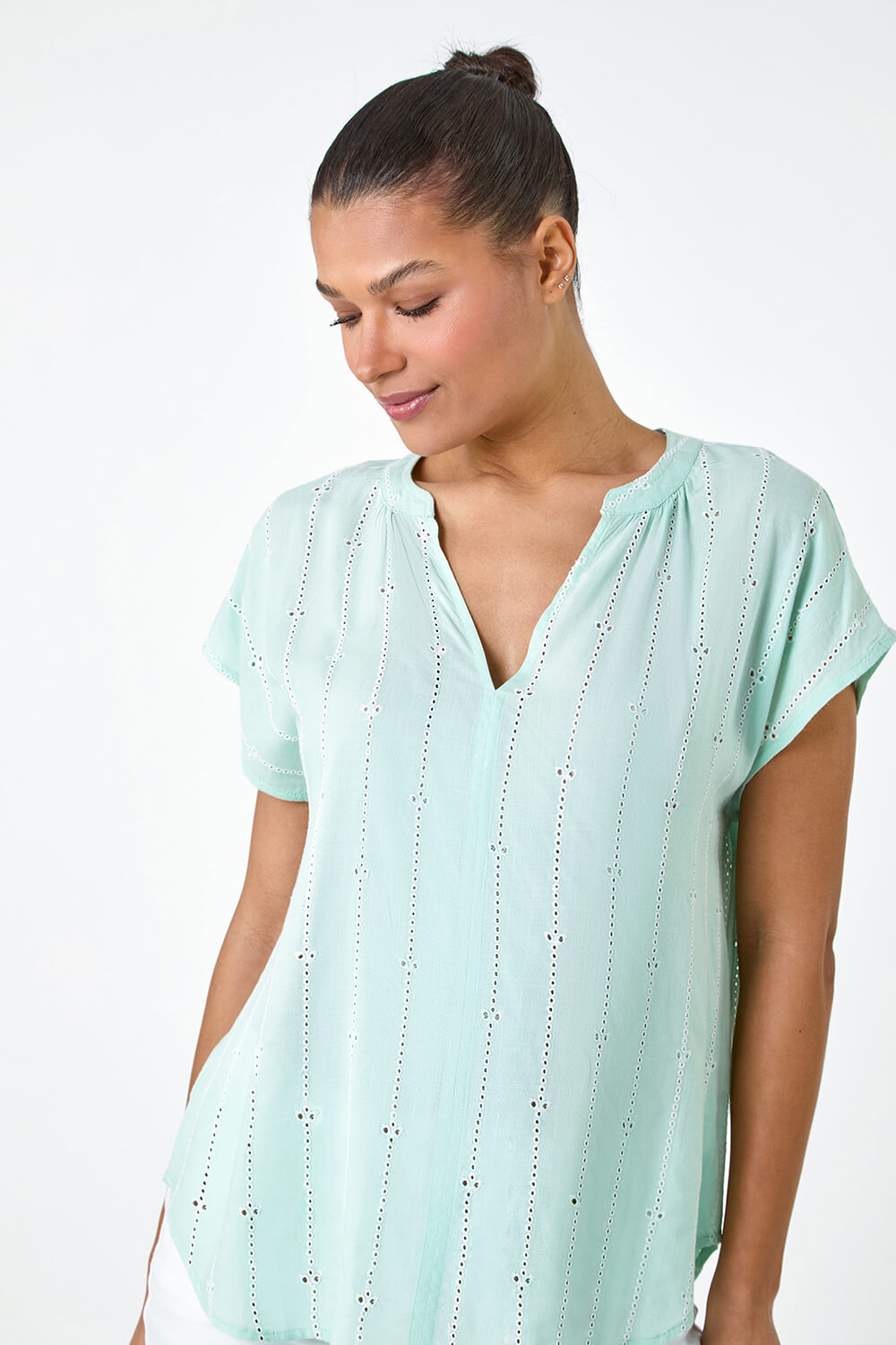Mint Embroidered Stripe Notch Neck Top, Image 5 of 5