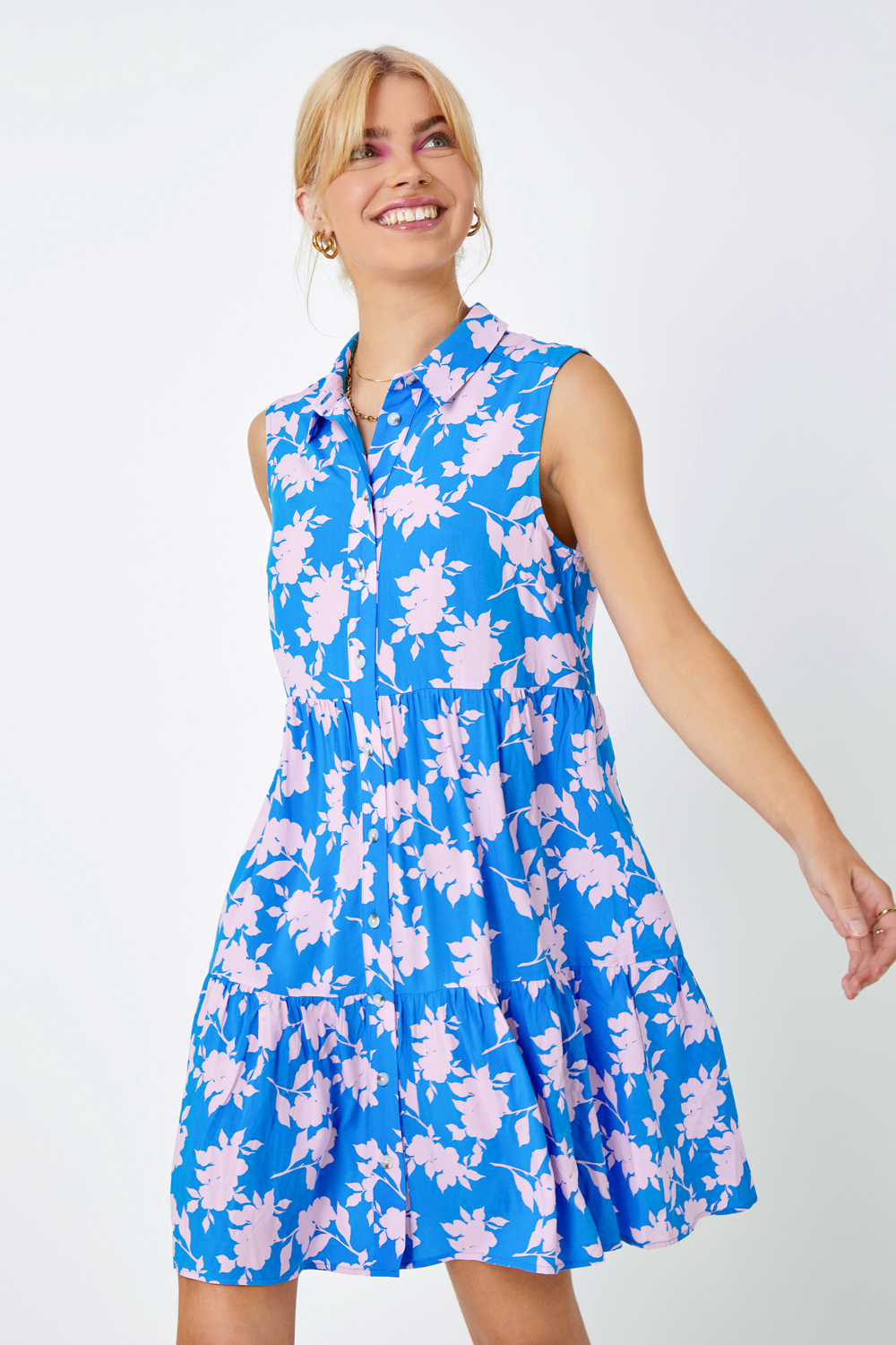 Sky Blue Sleeveless Floral Frill Hem Shirt Dress, Image 4 of 5