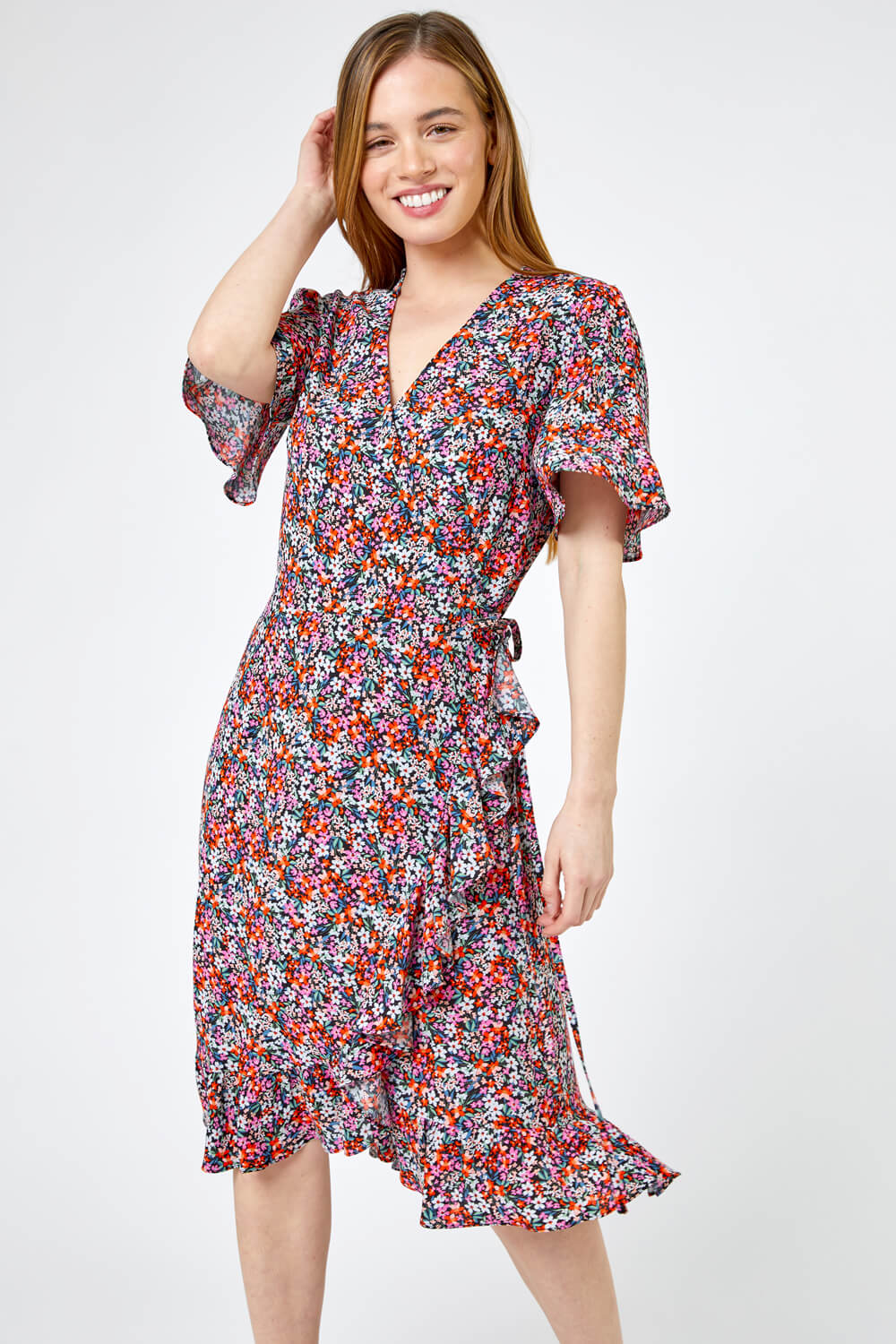 Petite Ditsy Floral Frill Wrap Dress in Pink | Roman UK