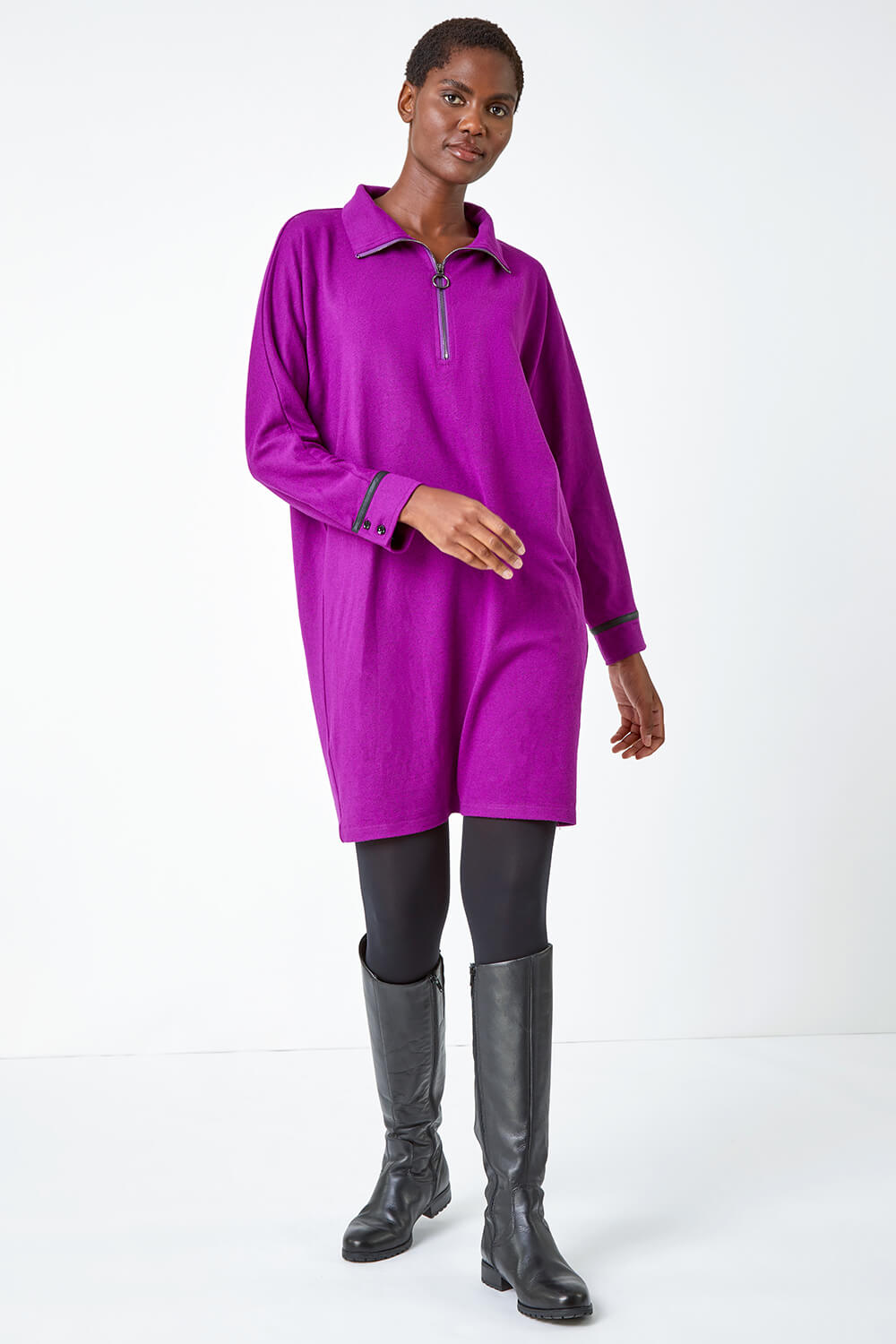 Purple Zip Detail Cocoon Stretch Dress, Image 2 of 5
