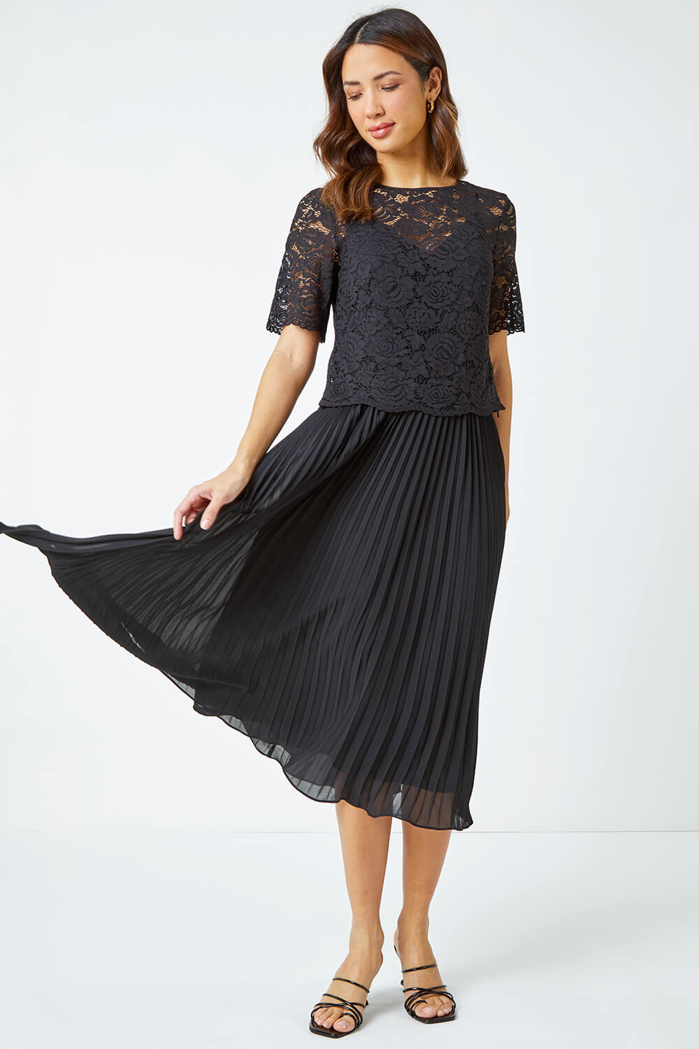 Black Lace Top Overlay Pleated Midi Dress, Image 2 of 5