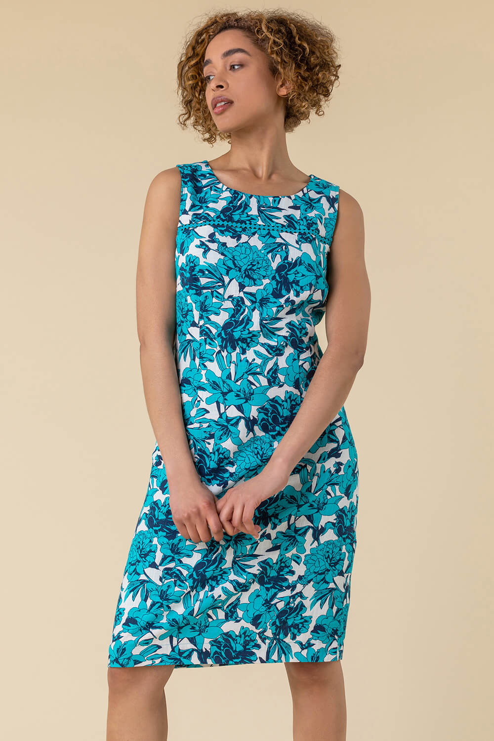 Back Button Floral Print Dress in TURQUOISE - Roman Originals UK