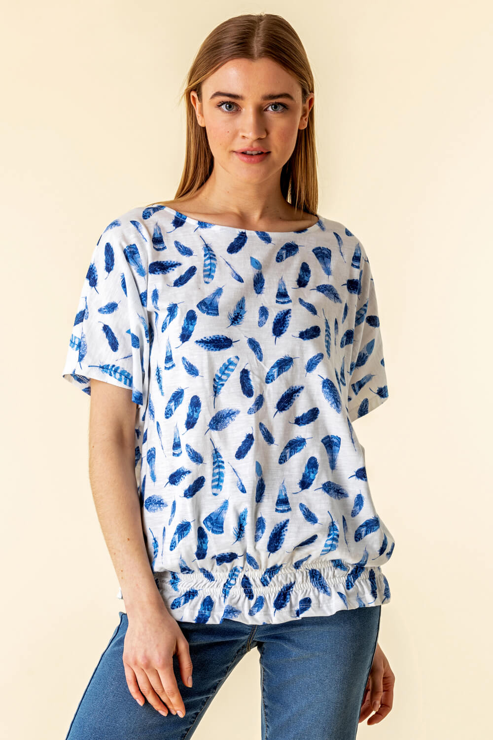 Shirred Bubble Hem Feather Print Top