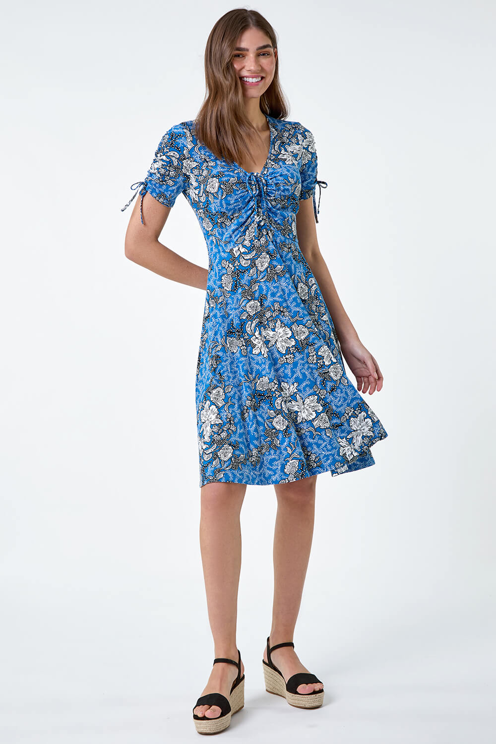 Blue Floral Gathered Tie Detail Stretch Dress, Image 2 of 5