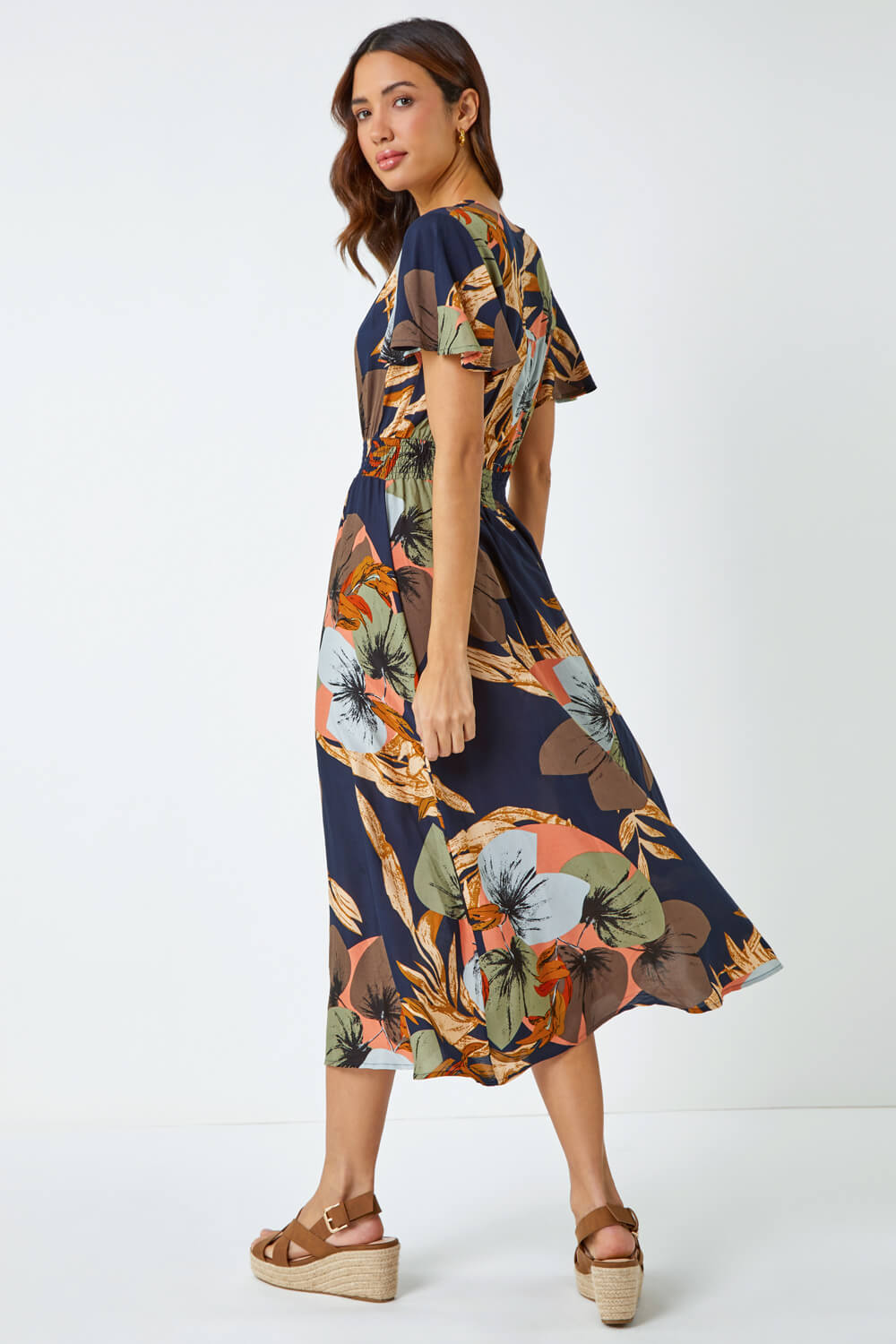 Navy  Angel Sleeve Floral Print Midi Dress, Image 3 of 5