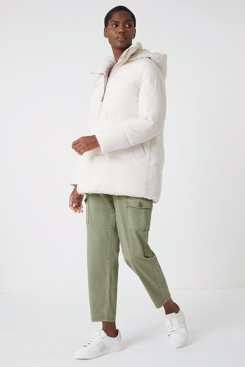 Ivory  Padded Hooded Mid Length Coat, Image 2 of 5