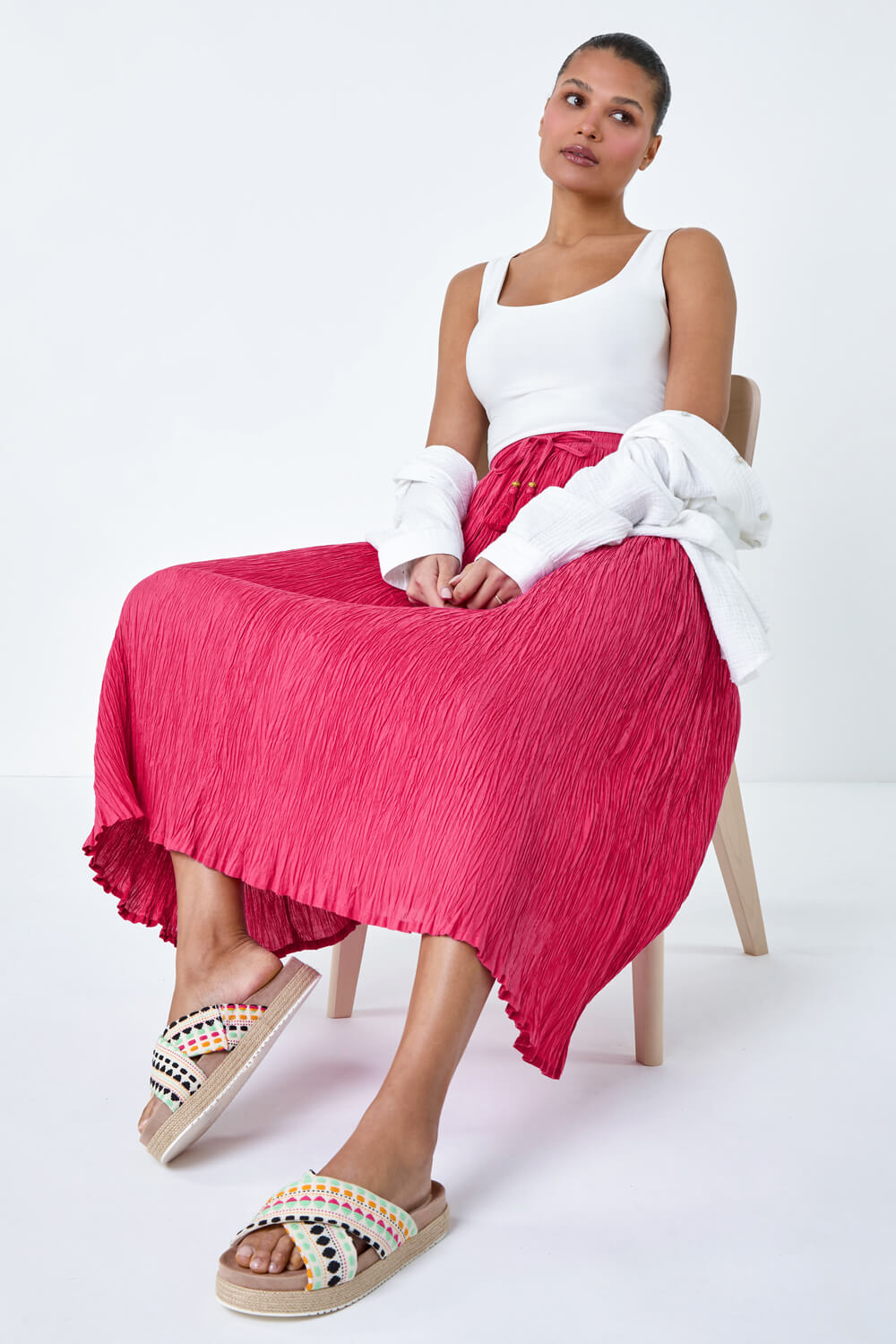 Crinkle Cotton Textured Tassel Midi Skirt