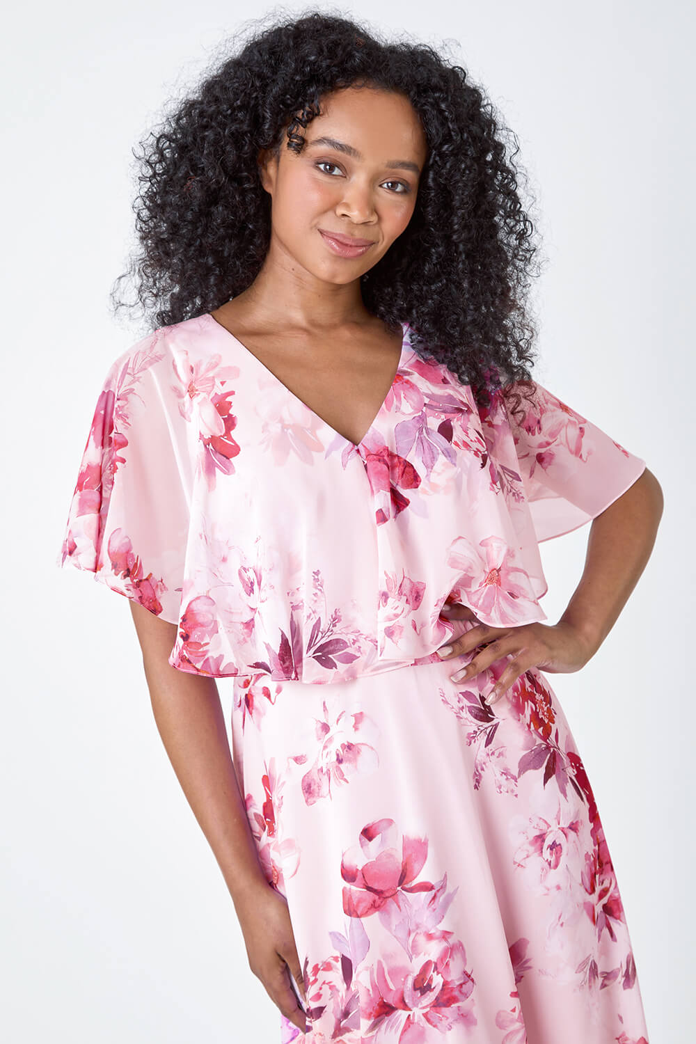 Light Pink Petite Floral Cape Style Midi Dress, Image 4 of 5
