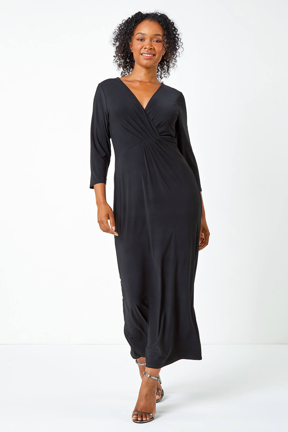 Black Petite Stretch Ruched Maxi Dress, Image 2 of 5