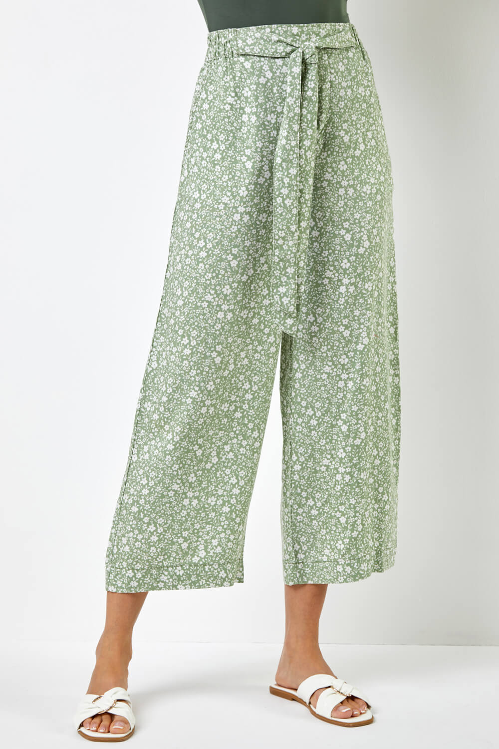 Sage Ditsy Floral Print Waist Tie Culottes, Image 2 of 5