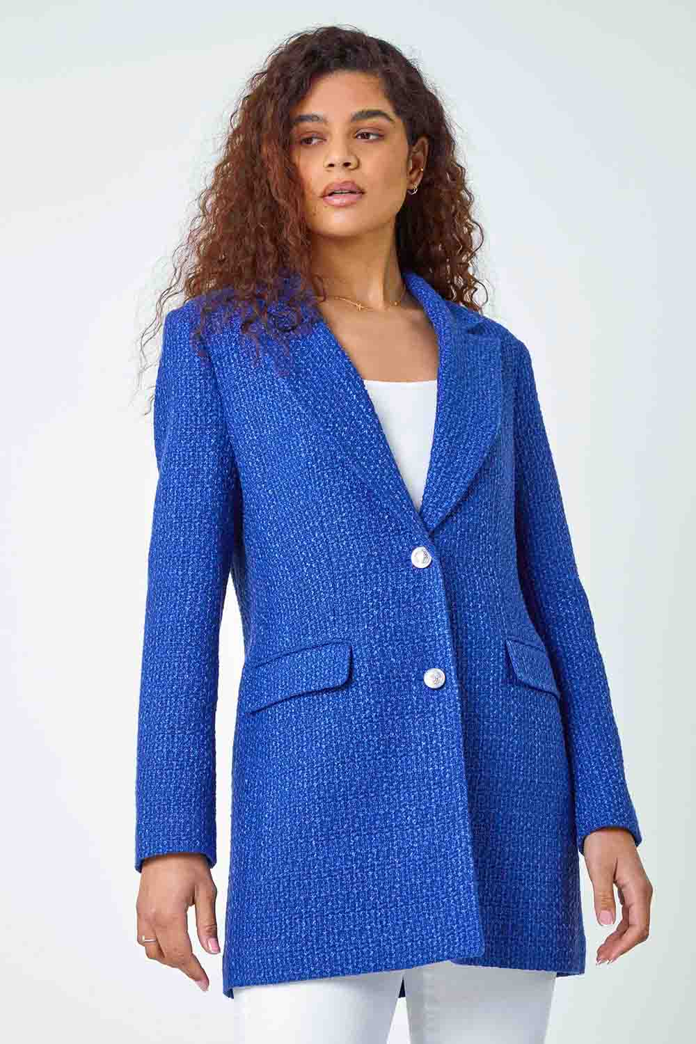 Blue Longline Boucle Textured Jacket | Roman UK
