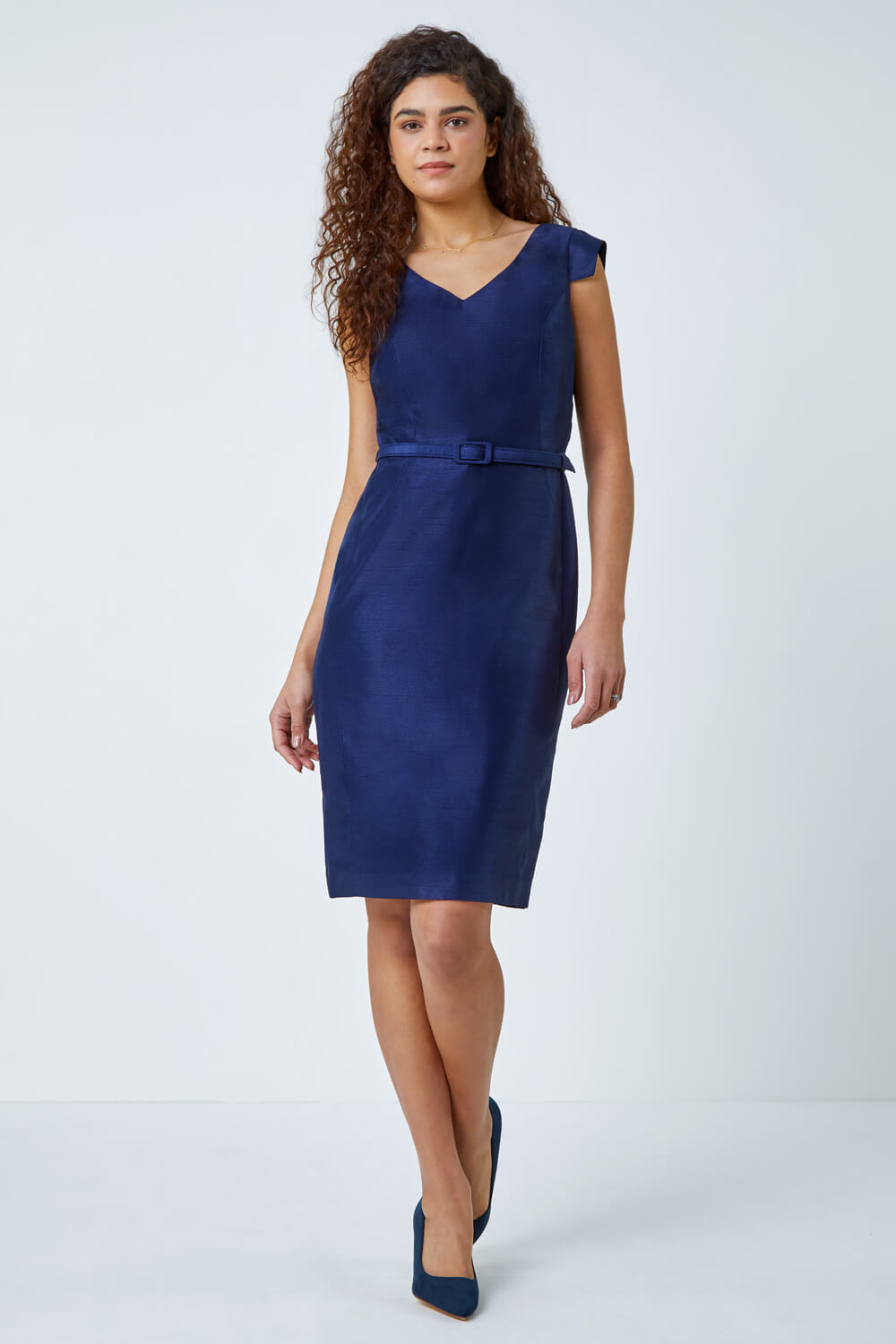 Navy  Satin Look Belted Shift Dress, Image 2 of 5