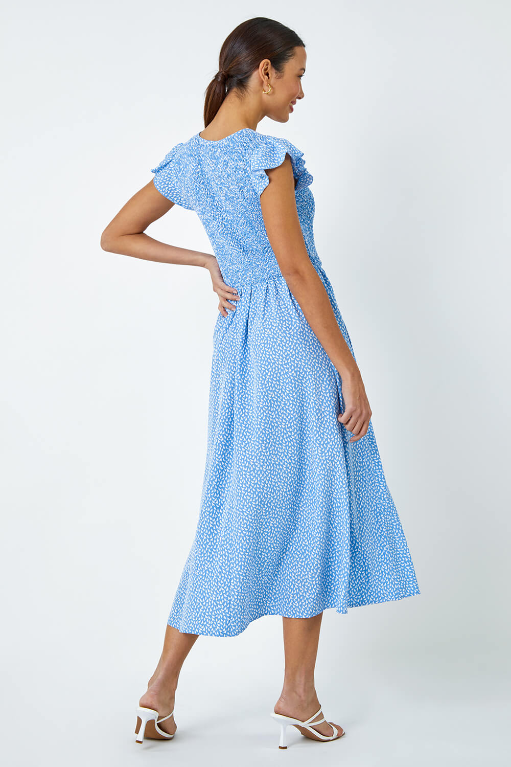 Light Blue  Ditsy Print Shirred Midi Dress, Image 3 of 7