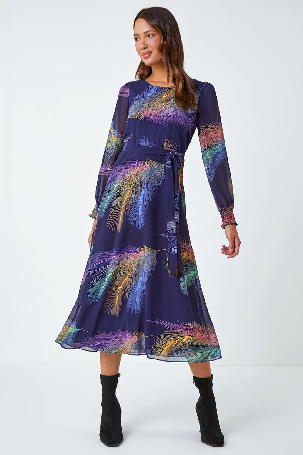 Purple Feather Print Belted Midi Dress, Image 2 of 5