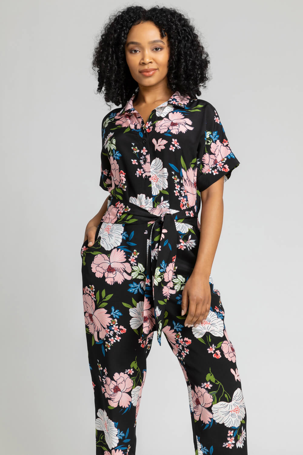 Petite Belted Floral Print Jumpsuit