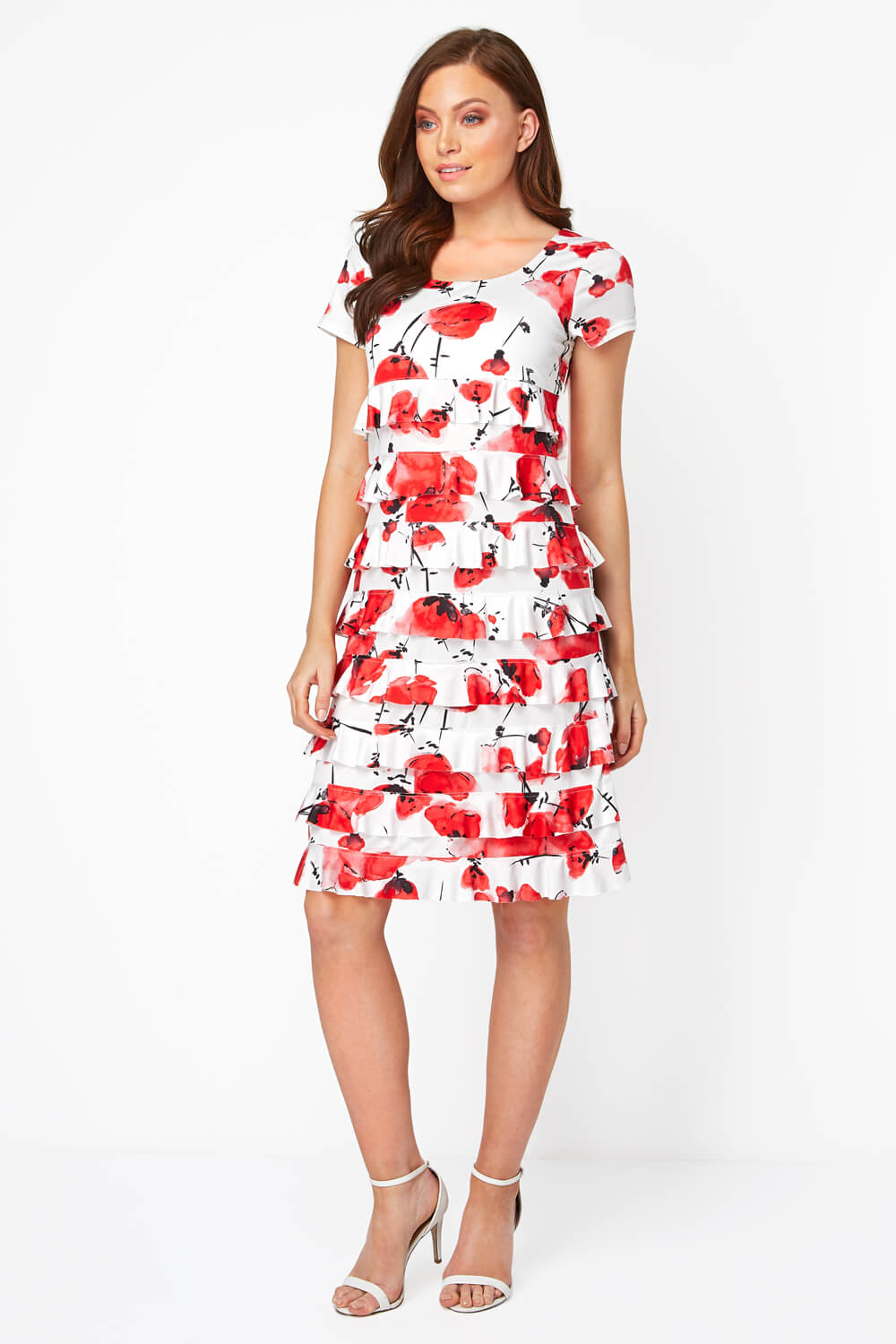 Red Floral Frill Tiered Dress, Image 2 of 4